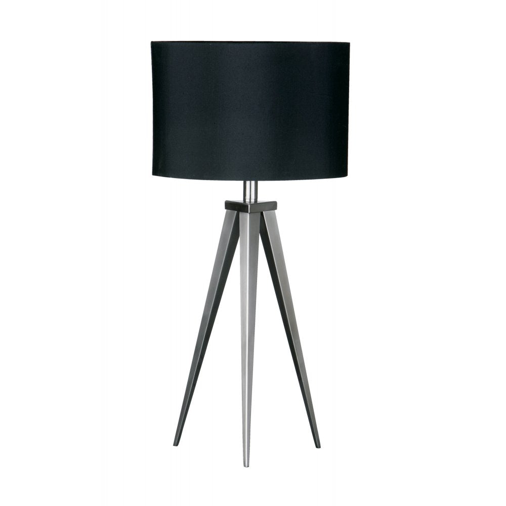 Satin Nickel Small Tripod Table Lamp with Black Shade