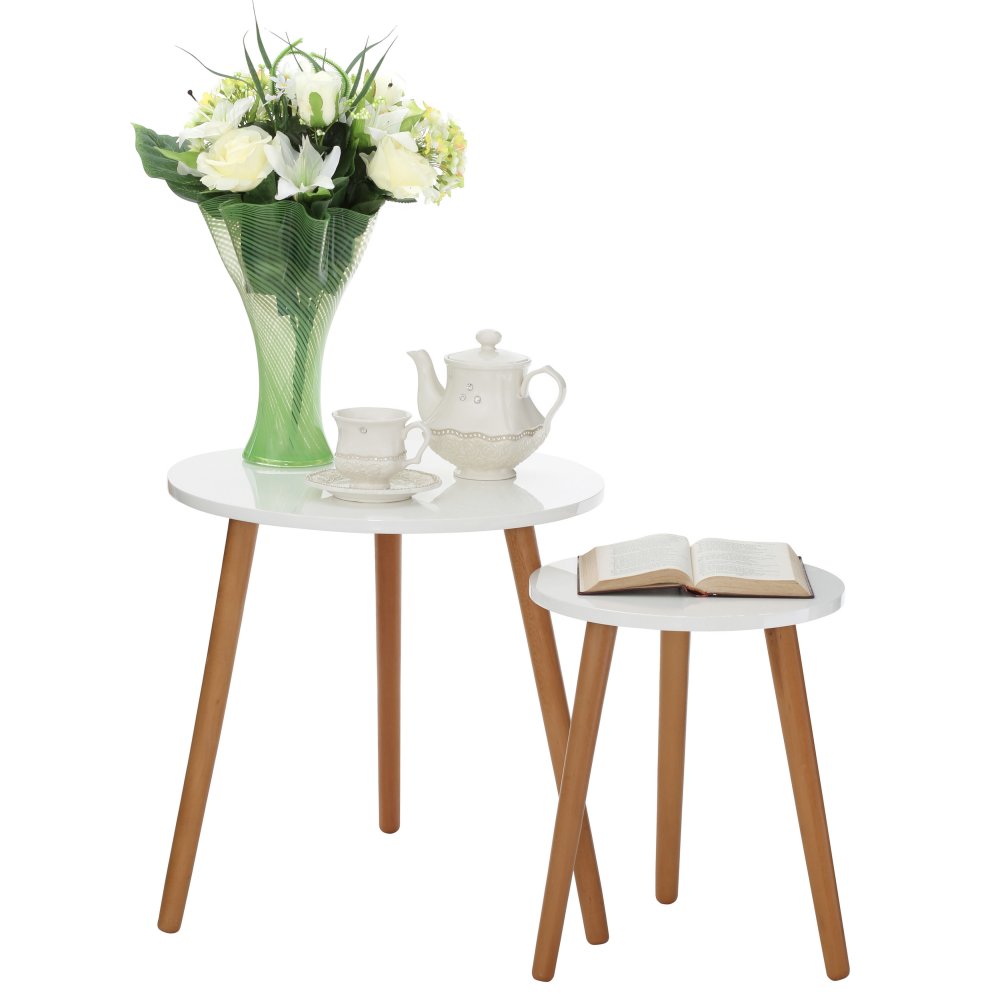 White High Gloss Nest of Tables with Hardwood Legs
