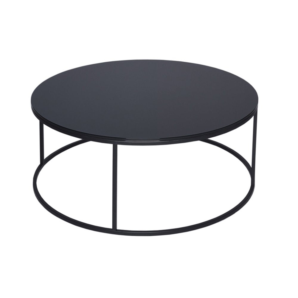 Black Glass and Black Metal Contemporary Circular Coffee Table
