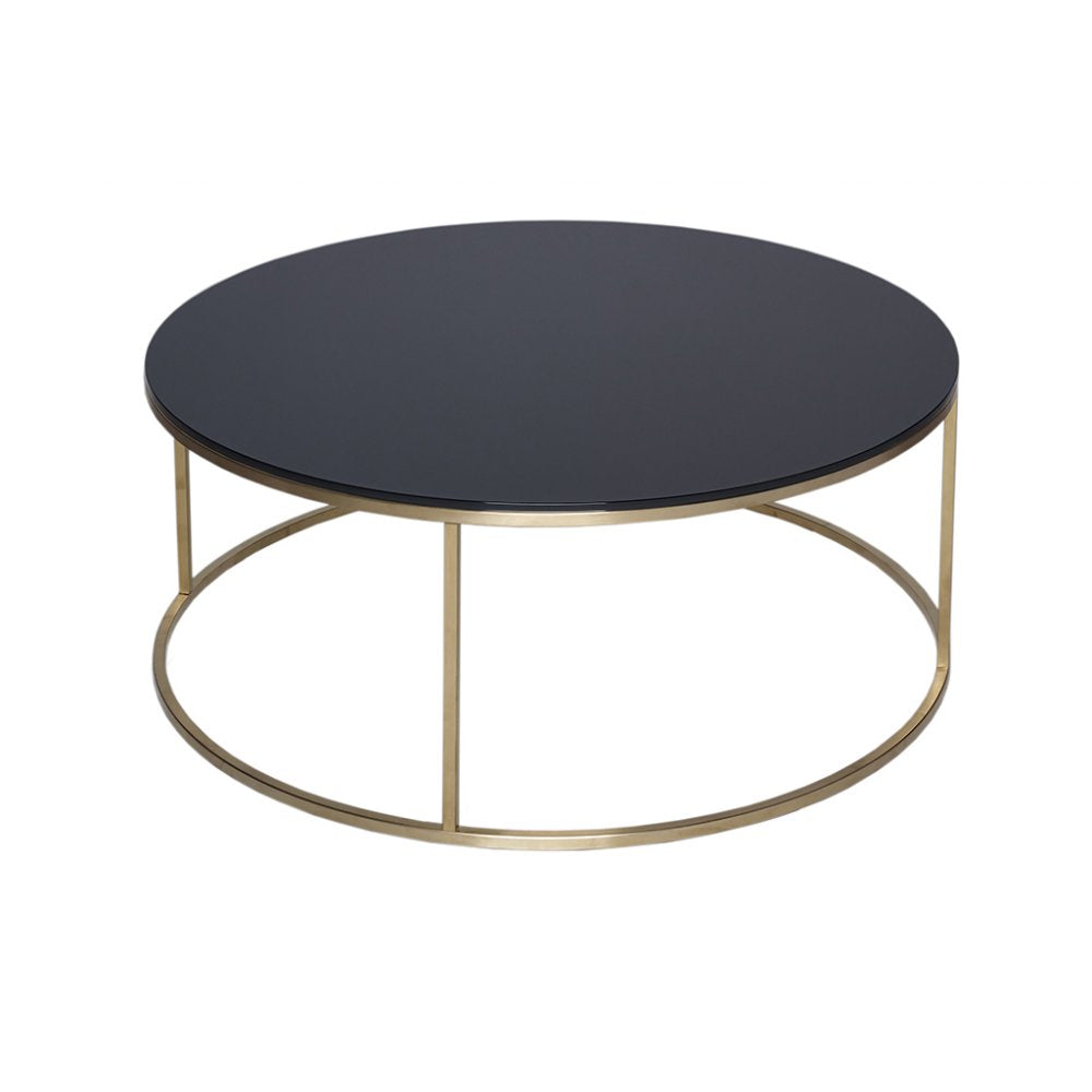 Black Glass and Gold Metal Contemporary Circular Coffee Table