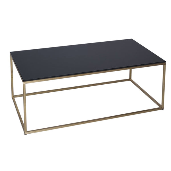 Black Glass and Gold Metal Contemporary Rectangular Coffee Table