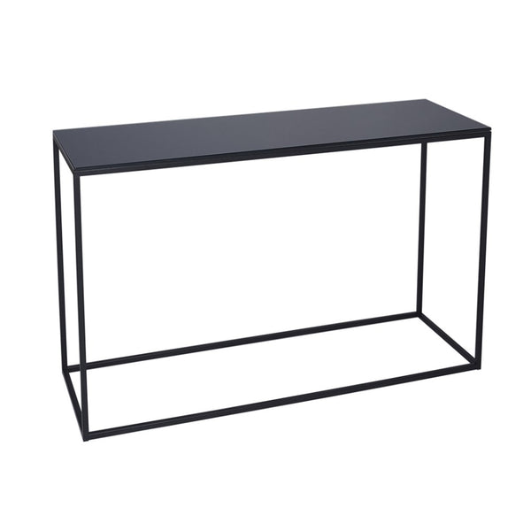 Black Glass and Black Metal Contemporary Console Table