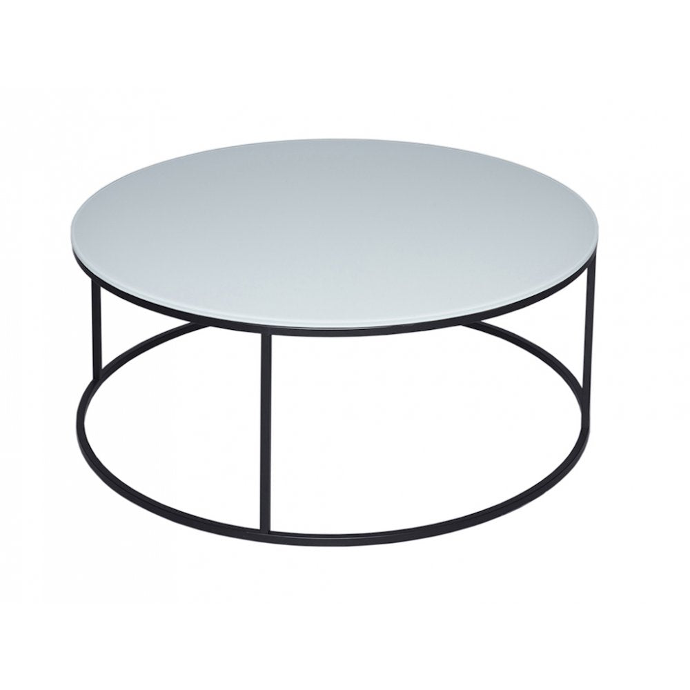 White Glass and Black Metal Contemporary Circular Coffee Table
