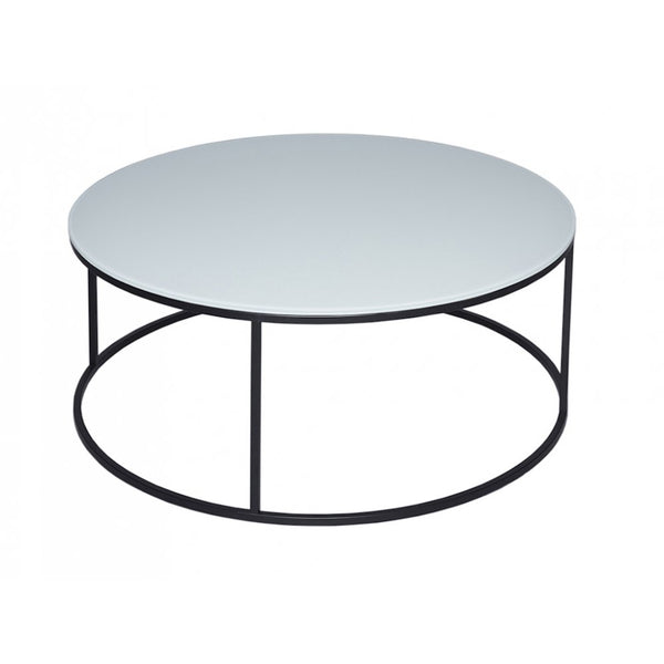 White Glass and Black Metal Contemporary Circular Coffee Table