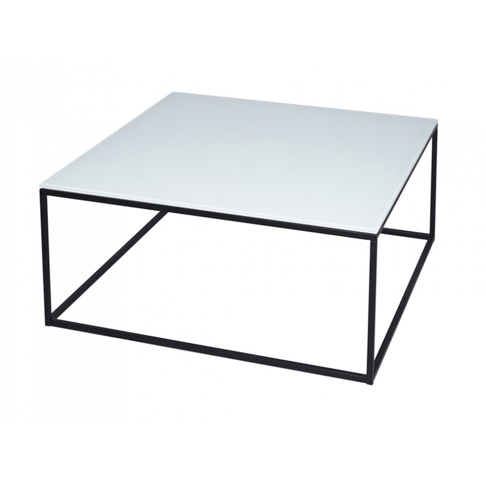 White Glass and Black Metal Contemporary Square Coffee Table