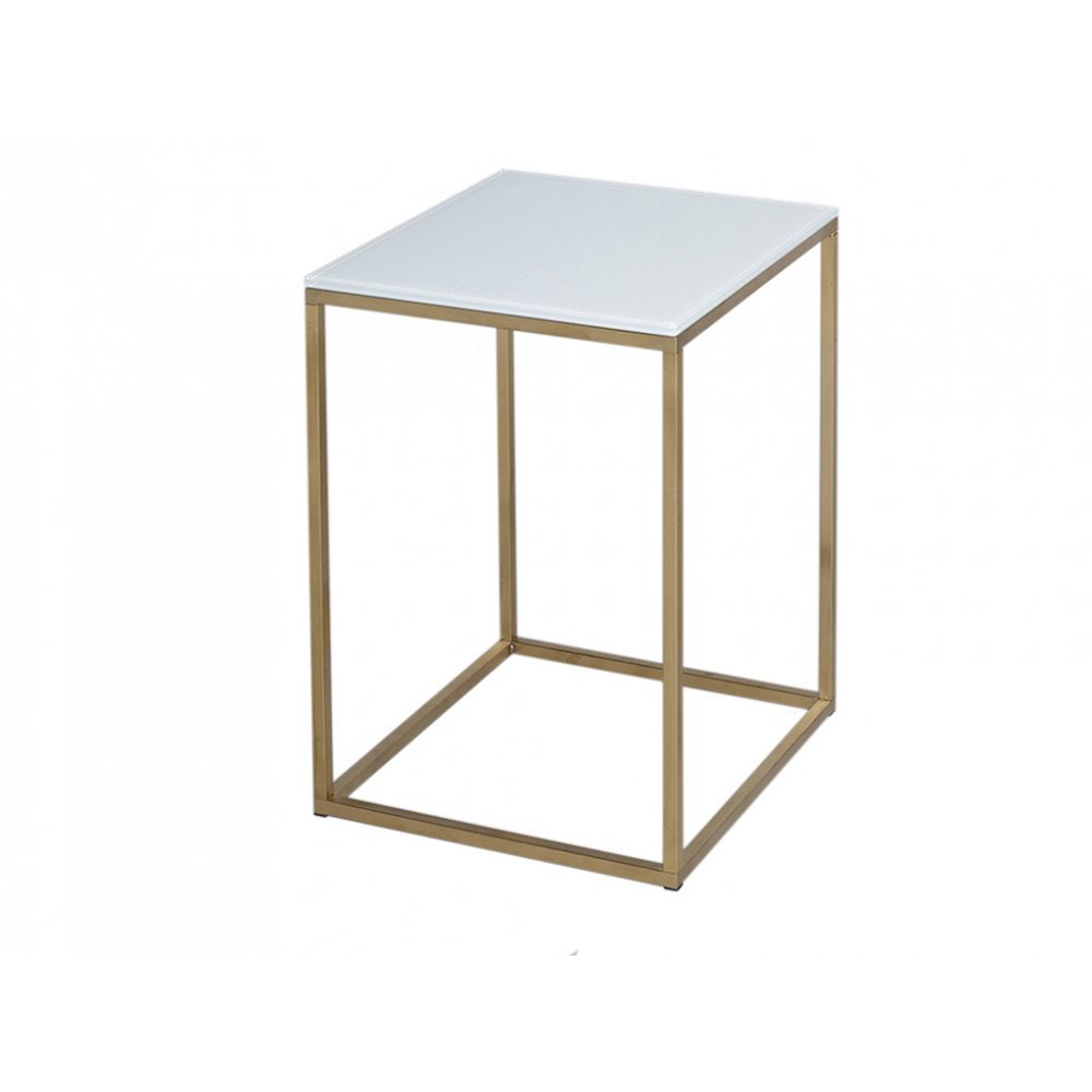 White Glass and Gold Metal Contemporary Square Side Table