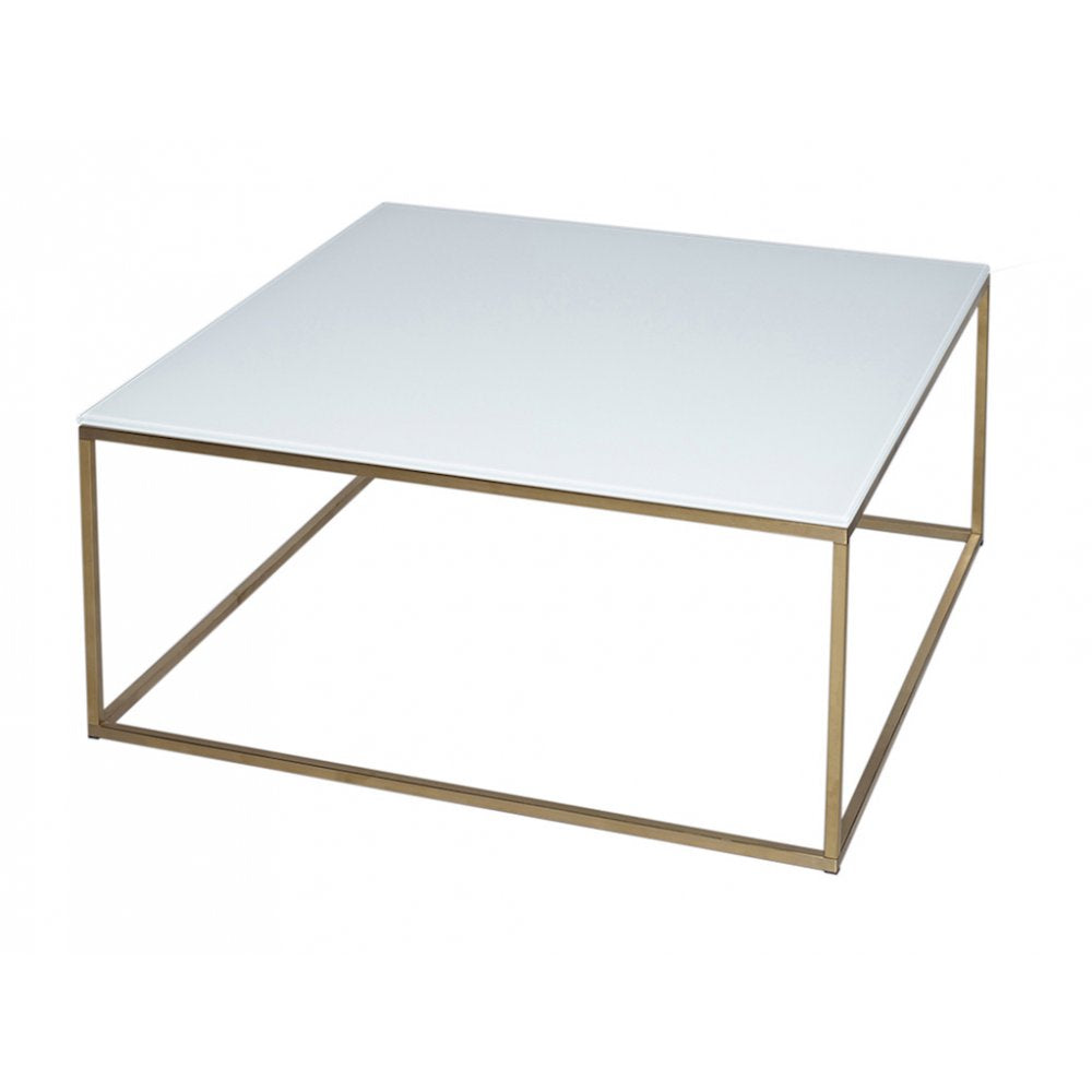 White Glass and Gold Metal Contemporary Square Coffee Table