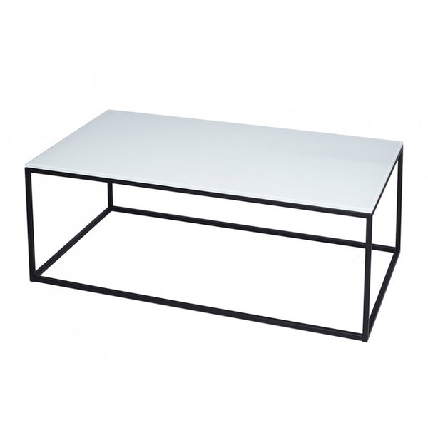 White Glass and Black Metal Contemporary Rectangular Coffee Table