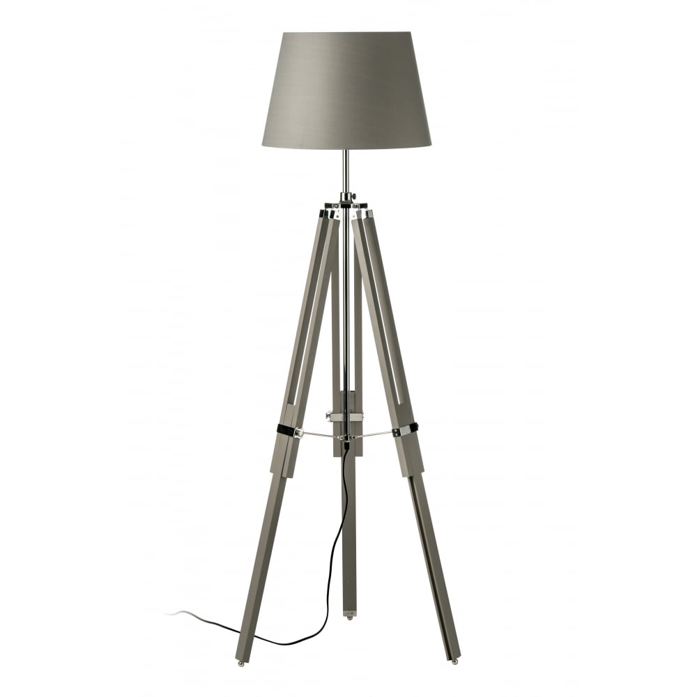 Grey Wood and Chrome Tripod Floor Standing Lamp