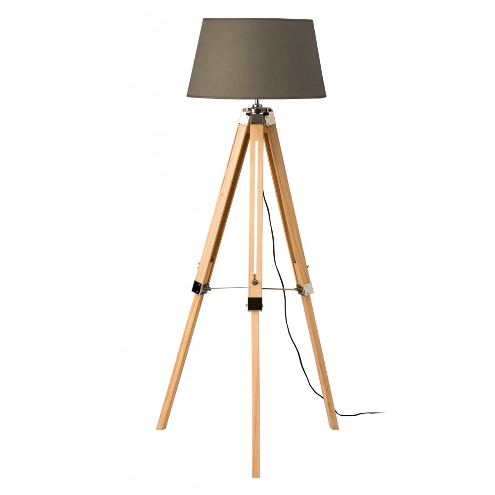 Light Wood Tripod Floor Lamp with Grey Shade