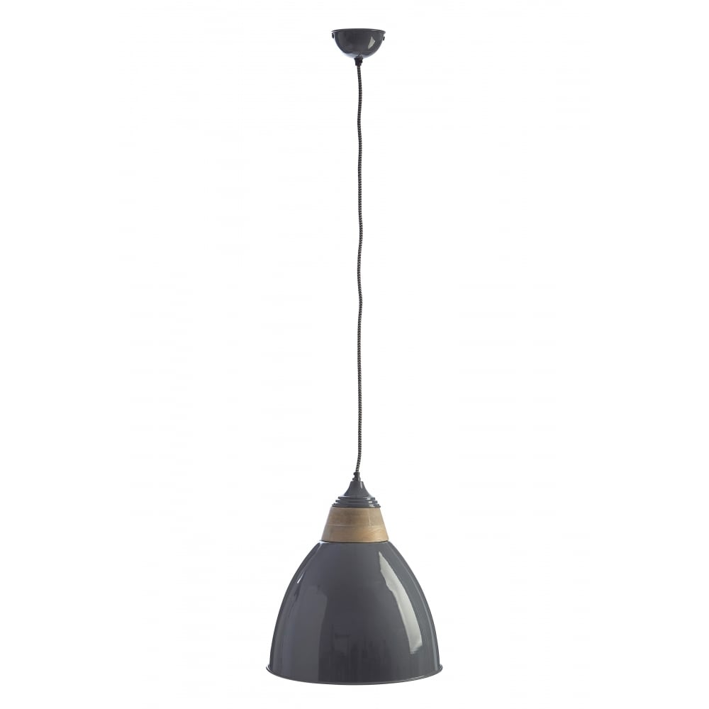 Large Iron and Wood Domed Grey Pendant