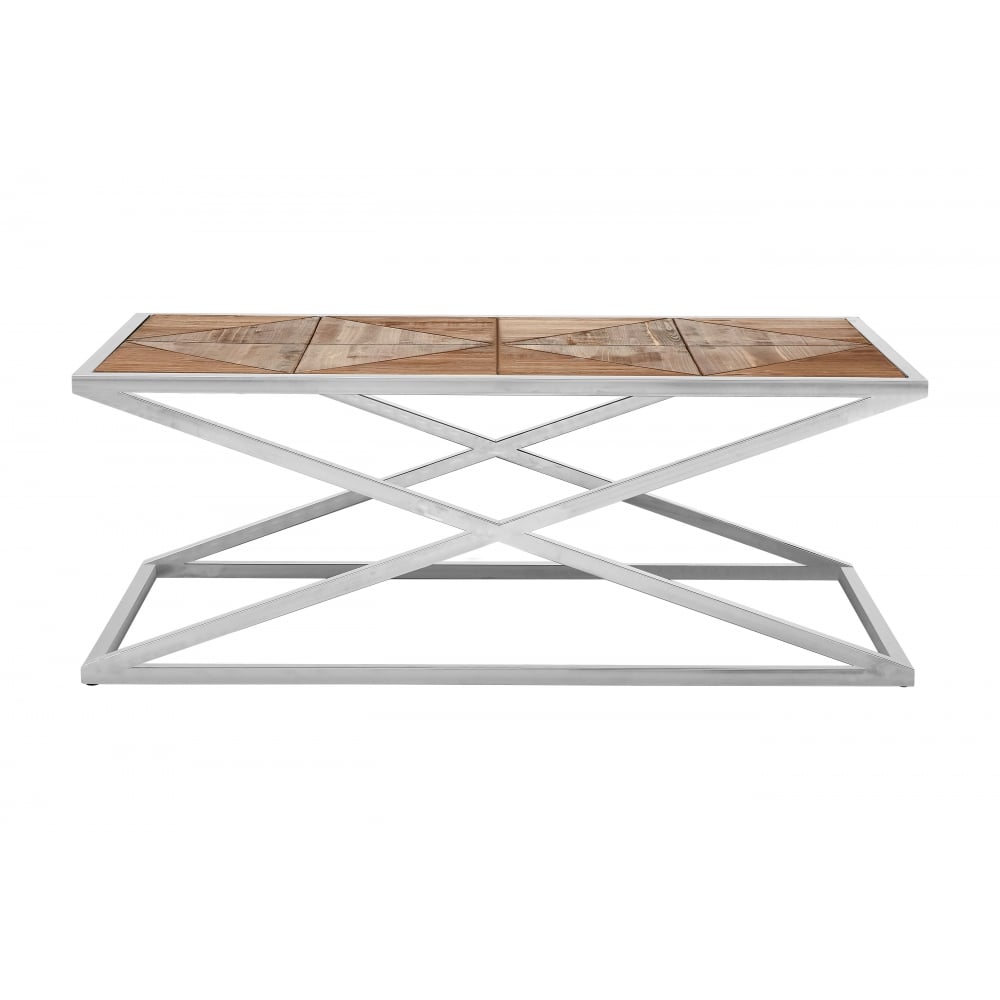 Distressed Fir Wood Coffee Table with Silver Frame
