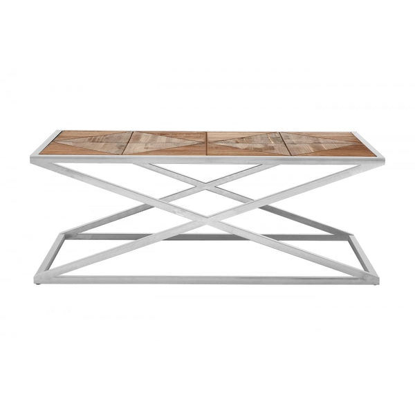 Distressed Fir Wood Coffee Table with Silver Frame