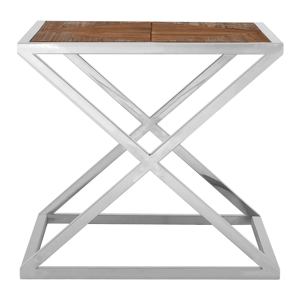Distressed Fir Wood Side Table with Silver Frame