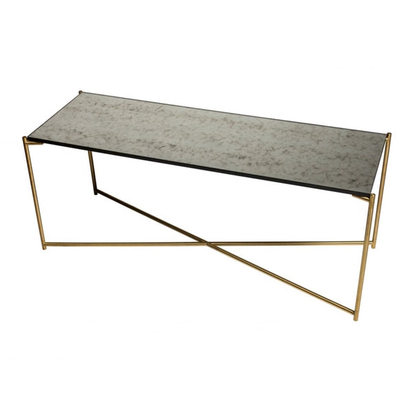 Antiqued Glass Low Console Media Table with Brass Cross Base