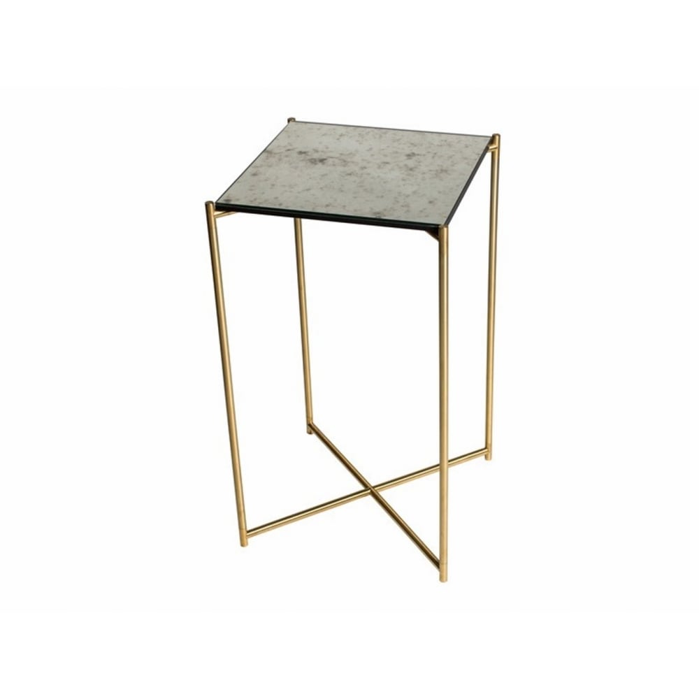 Antiqued Glass Square Lamp Table with Brass Cross Base