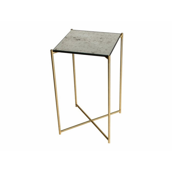 Antiqued Glass Square Lamp Table with Brass Cross Base