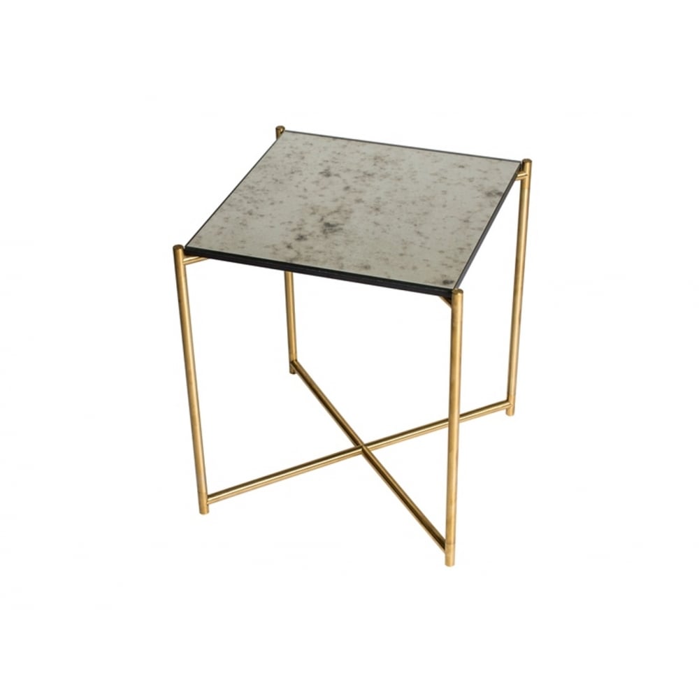 Antiqued Glass Square Side Table with Brass Cross Base