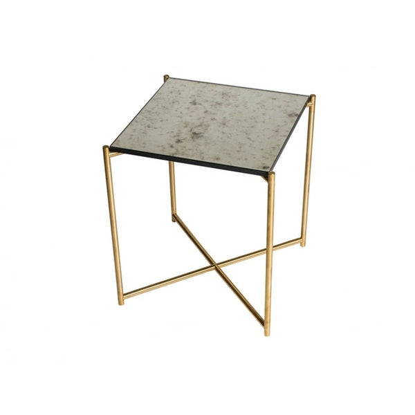 Antiqued Glass Square Side Table with Brass Cross Base
