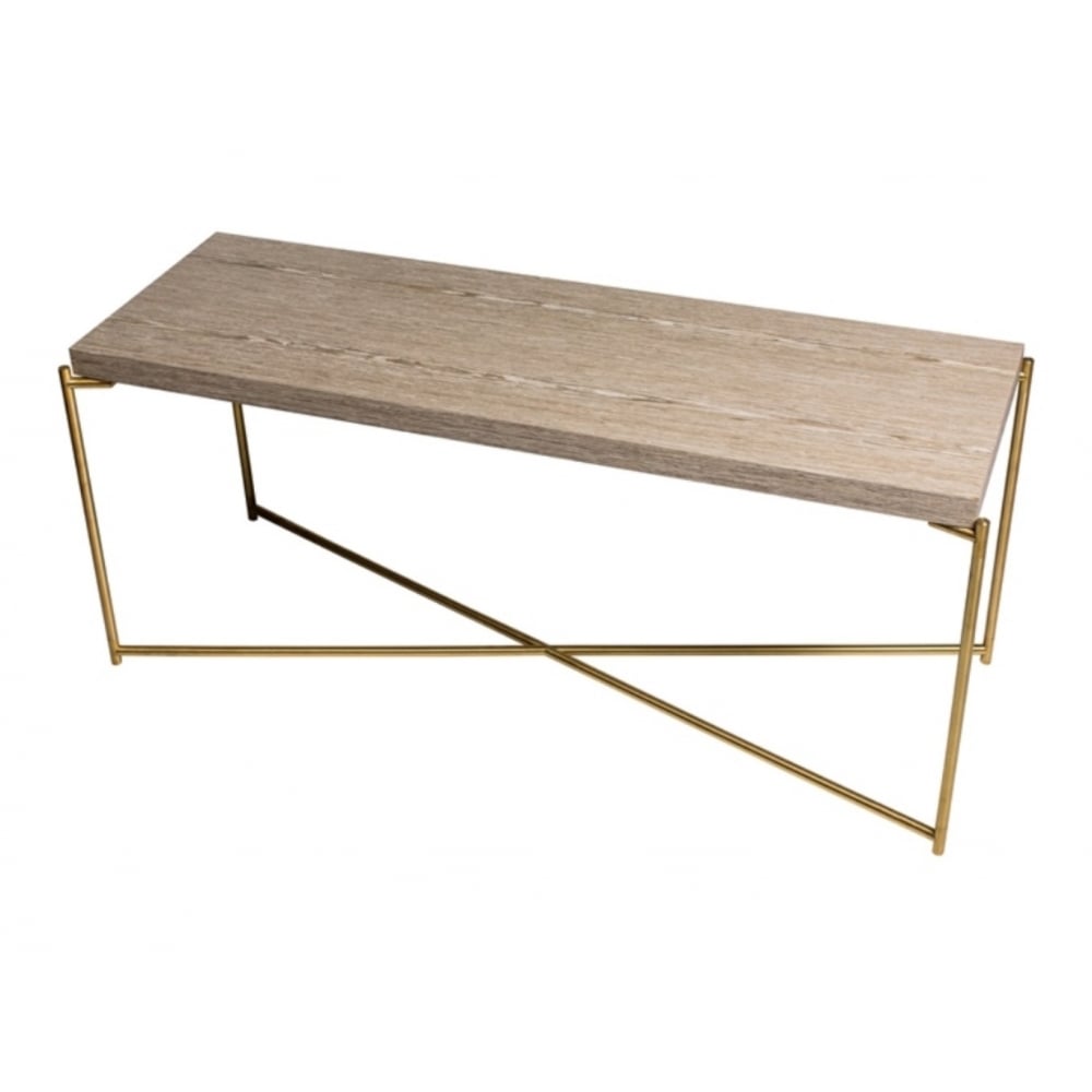 Weathered Oak Low Console Media Table with Brass Cross Base