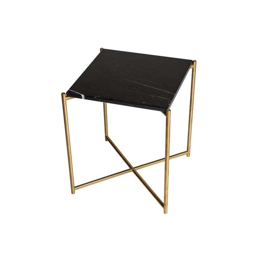 Black Marble Square Side Table with Brass Cross Base