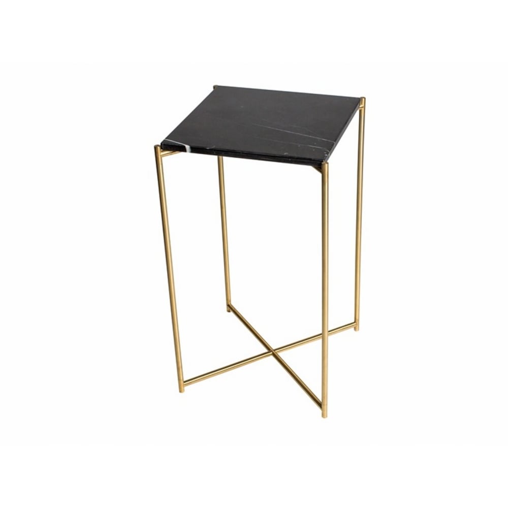 Black Marble Square Lamp Table with Brass Cross Base