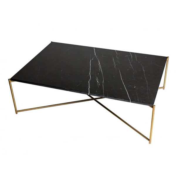 Black Marble Rectangular Coffee Table with Brass Cross Base