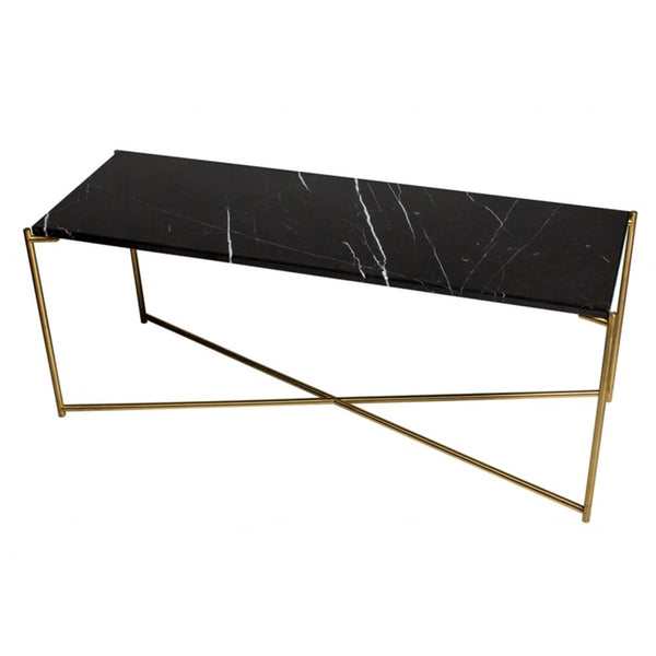 Black Marble Low Console Media Table with Brass Cross Base