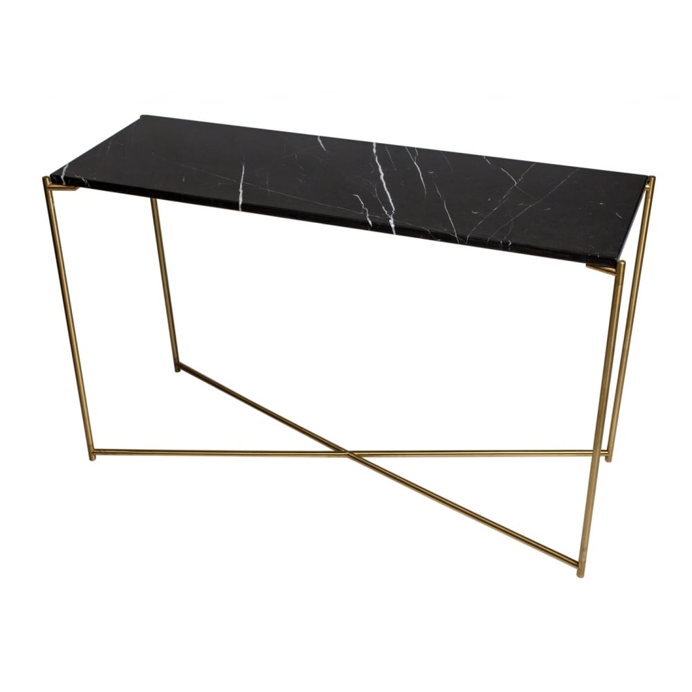 Black Marble Large Console Table with Brass Cross Base