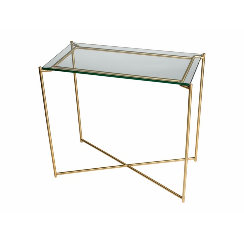 Clear Glass Small Console Table with Brass Cross Base