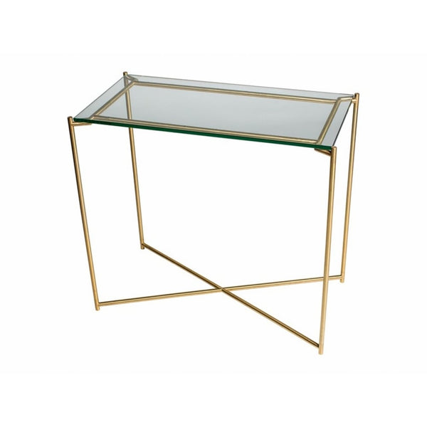 Clear Glass Small Console Table with Brass Cross Base
