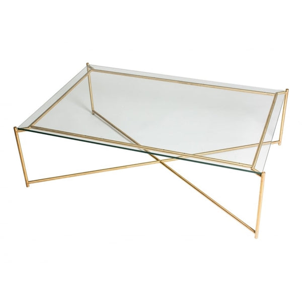 Clear Glass Rectangular Coffee Table with Brass Cross Base