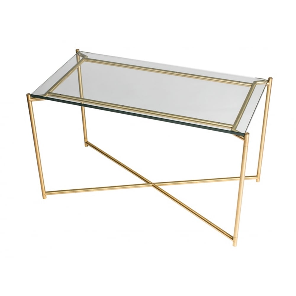 Clear Glass Rectangular Side Table with Brass Cross Base