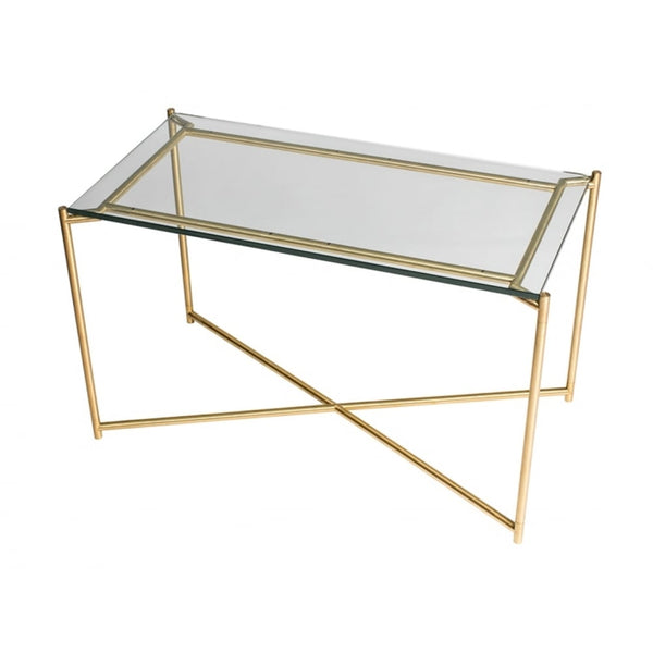 Clear Glass Rectangular Side Table with Brass Cross Base