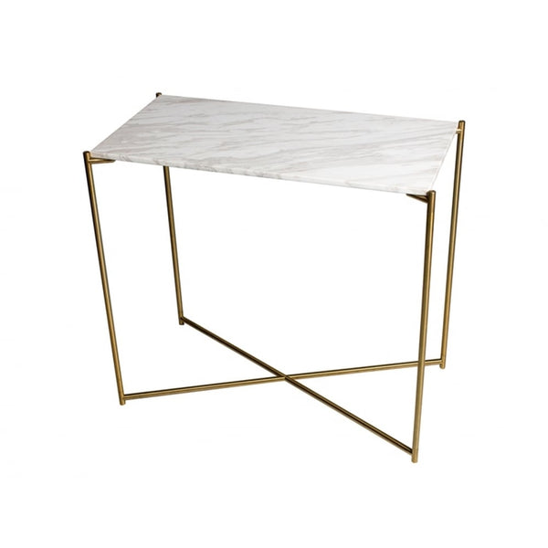 White Marble Small Console Table with Brass Cross Base