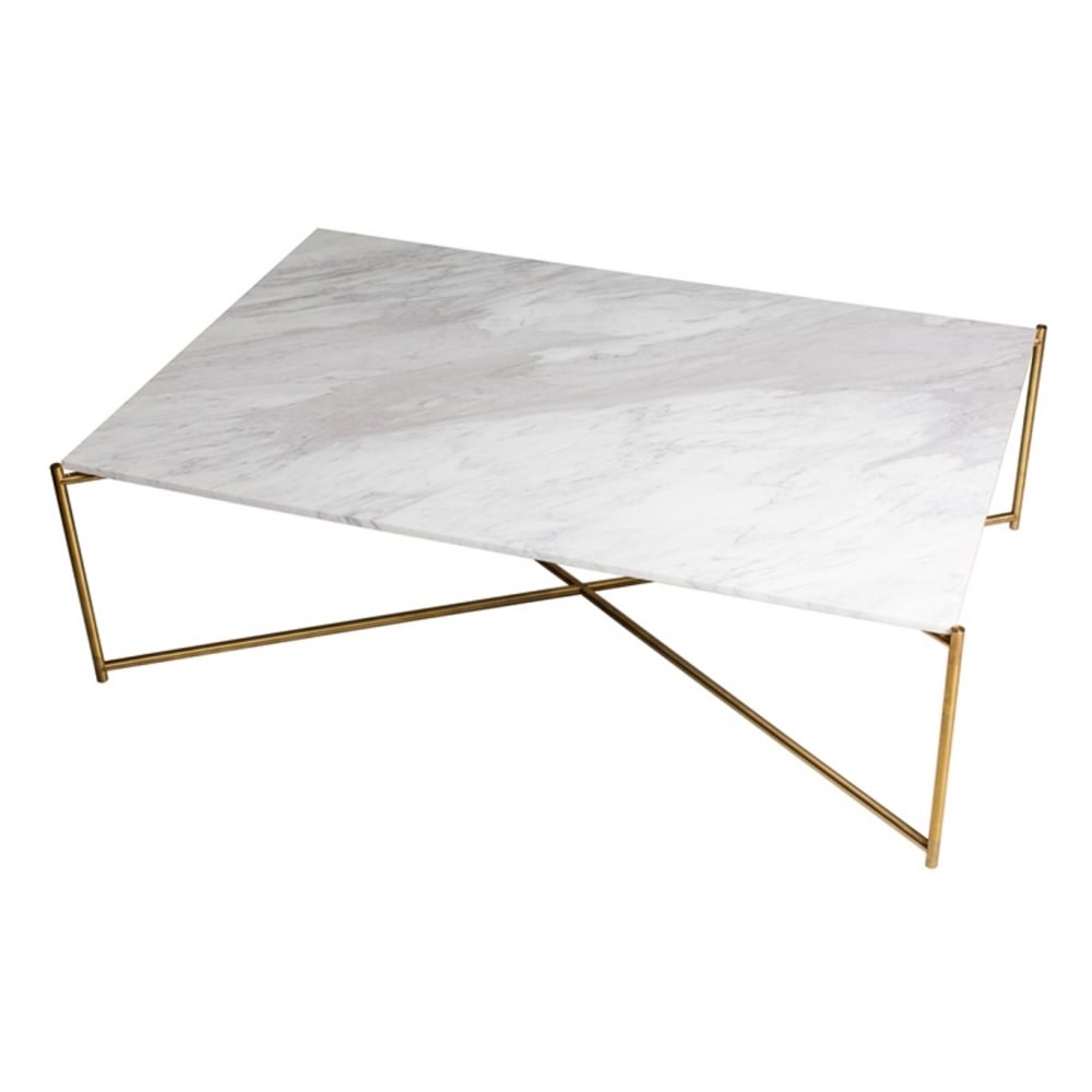 White Marble Rectangular Coffee Table with Brass Cross Base