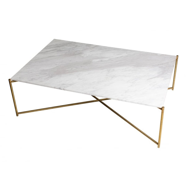 White Marble Rectangular Coffee Table with Brass Cross Base