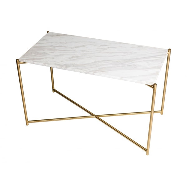 White Marble Rectangular Side Table with Brass Cross Base