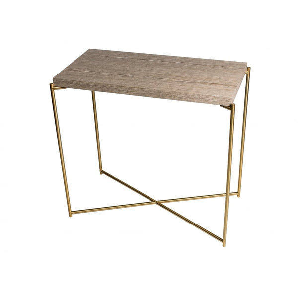 Weathered Oak Small Console Table with Brass Cross Base
