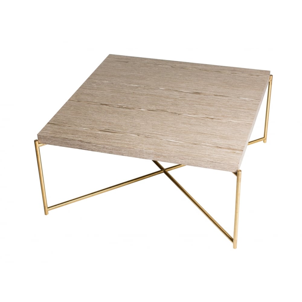 Weathered Oak Square Coffee Table with Brass Cross Base