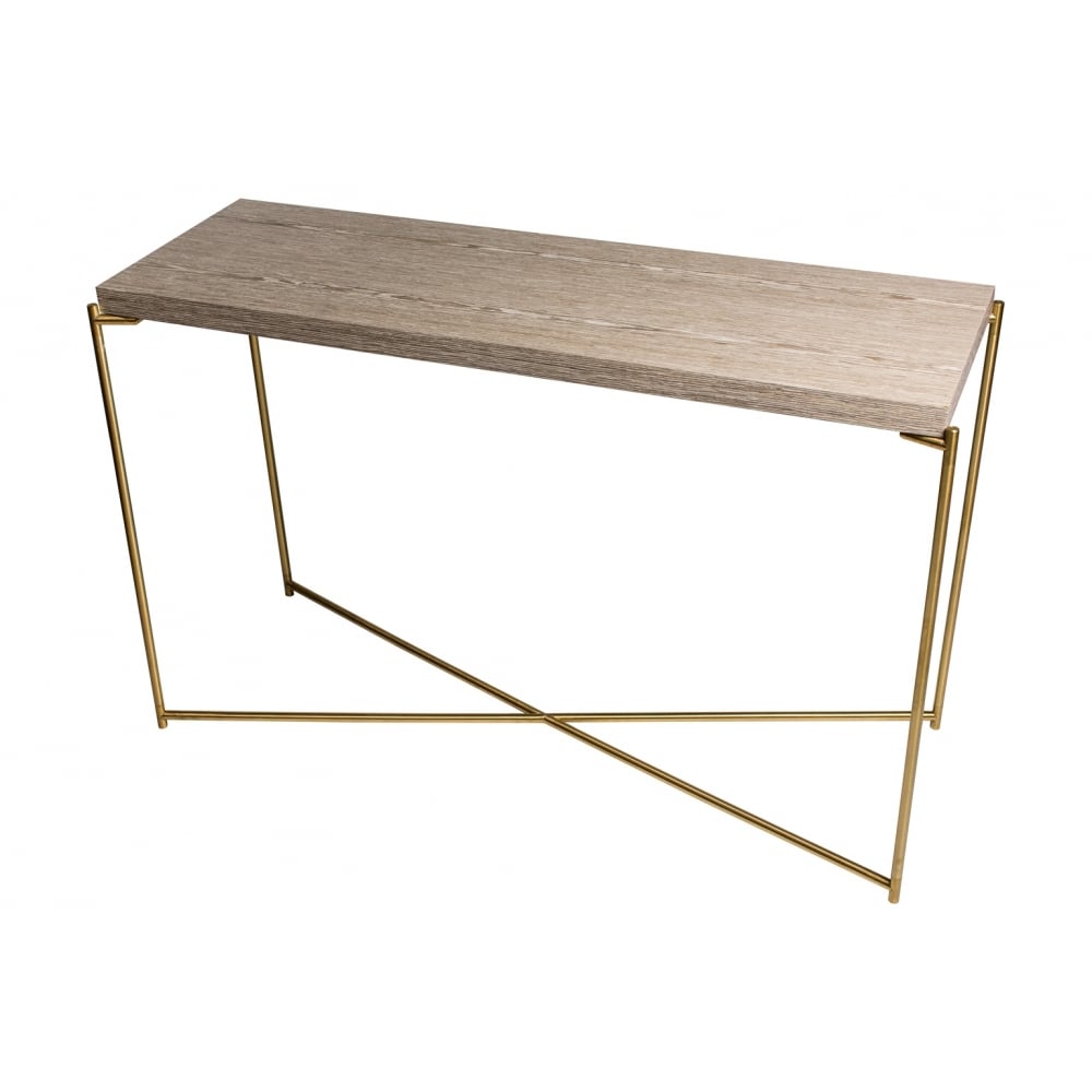 Weathered Oak Large Console Table with Brass Cross Base