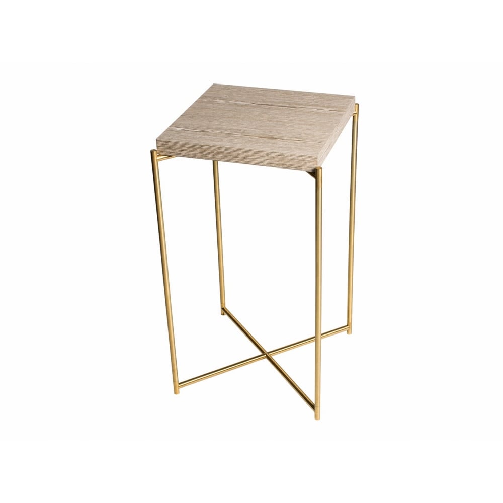 Weathered Oak Square Lamp Table with Brass Cross Base