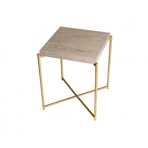 Weathered Oak Square Side Table with Brass Cross Base