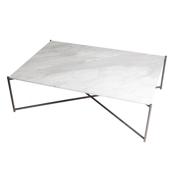 White Marble Rectangular Coffee Table with Gun Metal Cross Base