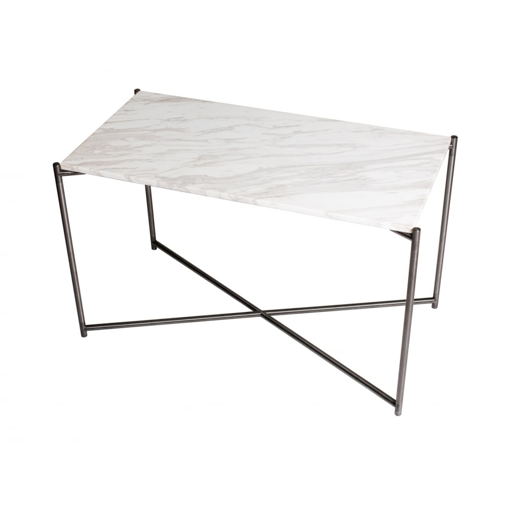 White Marble Rectangular Side Table with Gun Metal Cross Base