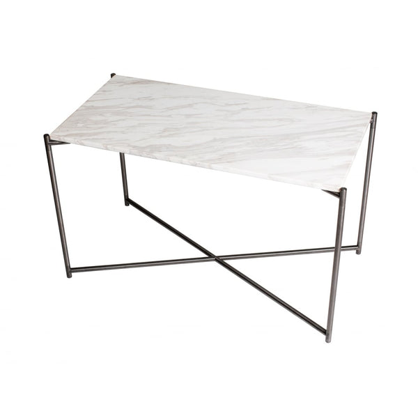 White Marble Rectangular Side Table with Gun Metal Cross Base