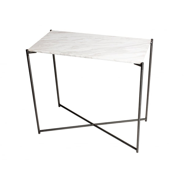 White Marble Small Console Table with Gun Metal Cross Base