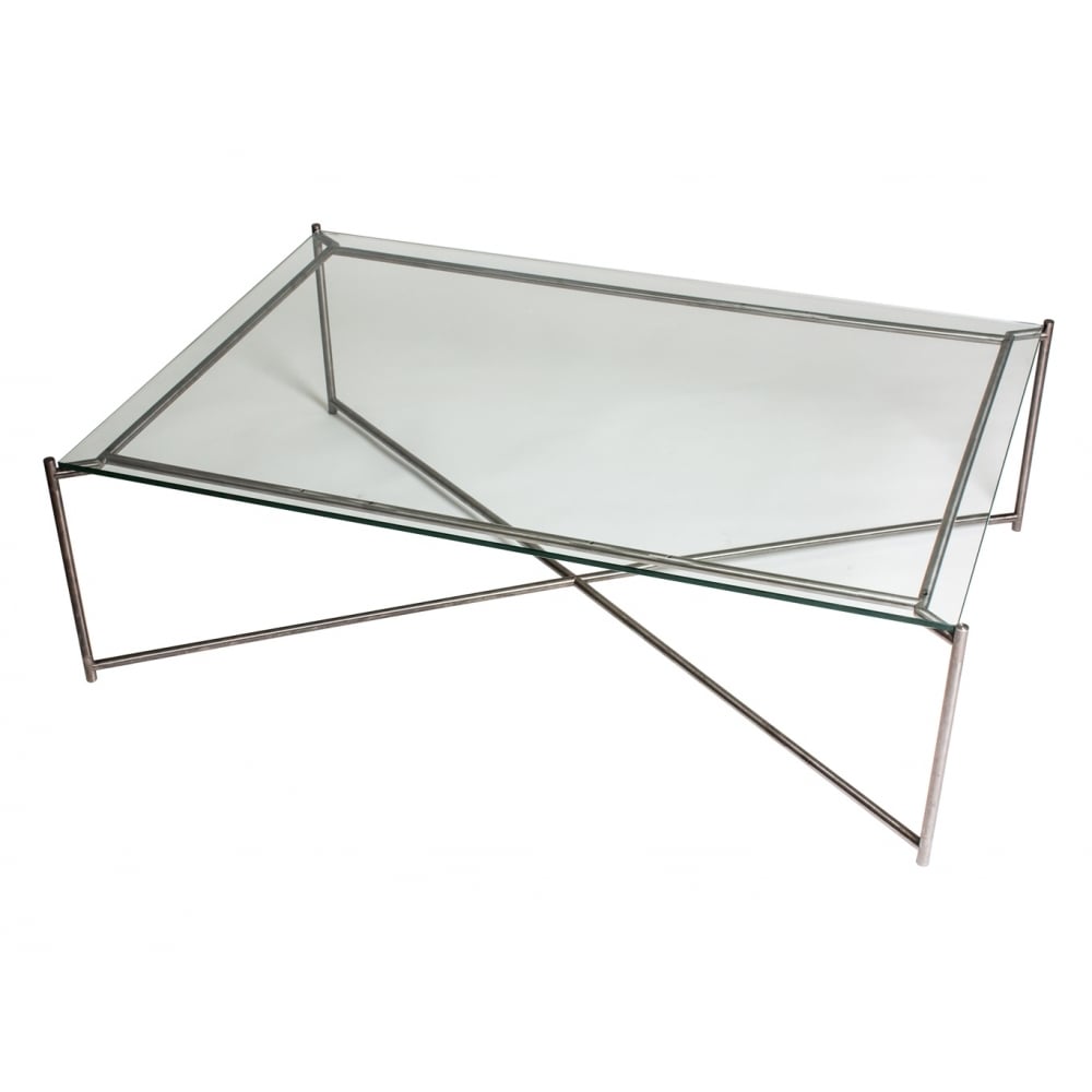 Clear Glass Rectangular Coffee Table with Gun Metal Cross Base