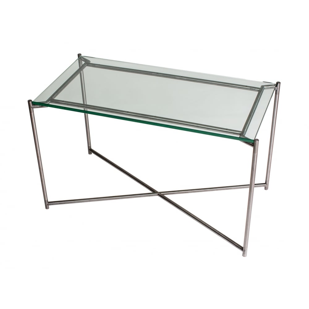 Clear Glass Rectangular Side Table with Gun Metal Cross Base