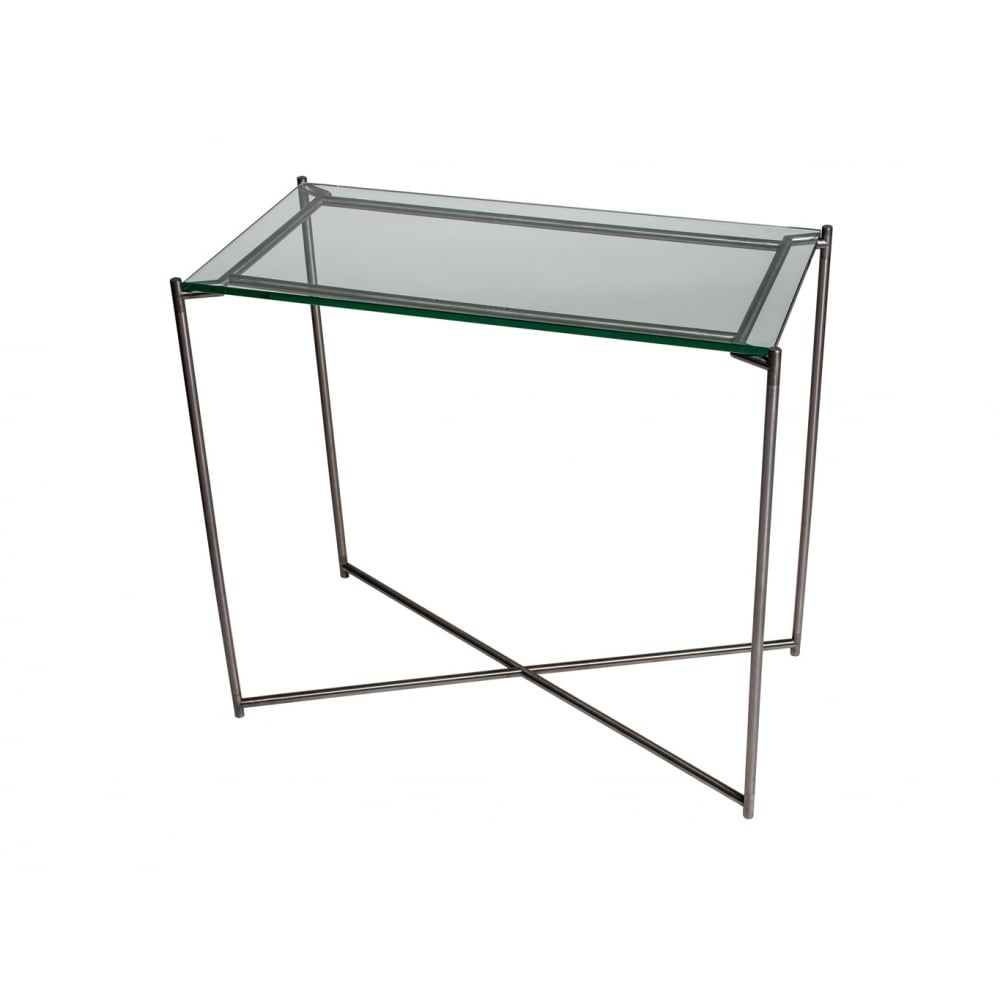 Clear Glass Small Console Table with Gun Metal Cross Base